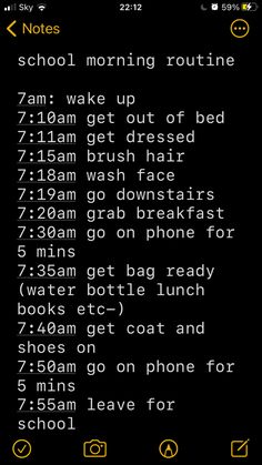 a text message that reads school morning routine on a black background with yellow and white writing