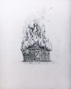 a drawing of a log cabin on fire