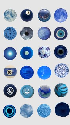 an array of different blue and white objects with numbers on them, all in the same circle