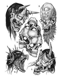 an ink drawing of skulls and demon heads