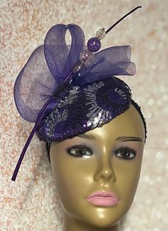 Purple Sequins Hat for Church, Wedding, Mother of the Bride, Head Covering, Tea Parties Hat is trimmed with rhinestones, loops, feather stem, and a hat pin. The hat pin may vary. Perfect for any special occasion. Hat can be worn on either side of the head. SIZE 5.9 inches in diameter. Gifts for mom, sister, wife, or yourself. Wedding Headpiece With Rhinestones And Round Crown, Fitted Costume Hat With Pinched Crown For Church, Adjustable Hat For Ceremony, Adjustable Hat Headpiece For Ceremonies, Elegant Tall Crown Adjustable Hat, Adjustable Headband For Ceremony, Fitted Bridal Accessories For Royal Ascot Party, Adjustable Ceremony Headband, Fitted Bridal Accessories For Kentucky Derby Party