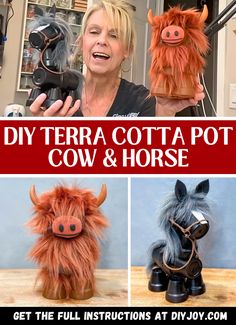 there is a woman that has some stuffed animals in her hand and the words diy terra cota pot cow & horse on it