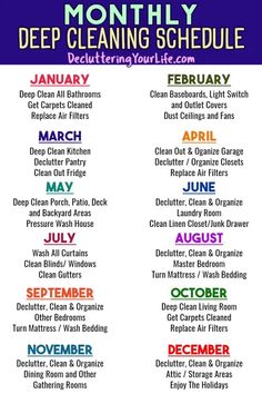 the month of cleaning schedule is shown