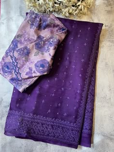 Tuhina violet organza saree handloom organza kutch embroidered by local artisans Mukaish embellishments adds to the beauty Running blouse piece Dry clean only  To view other organza sarees, please click on  https://aavaranaa.com/product-tag/tuhina/ Work Sarees Party Wear, Kutch Work Saree, Violet Saree, Latest Saree Trends, Latest Saree Designs, Mukaish Work, Trending Sarees, Saree Styling