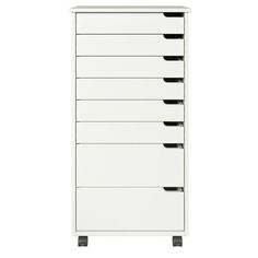 a white cabinet with five drawers and black knobs on the bottom, against a white background