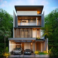 two cars are parked in front of a modern house with trees and bushes around it