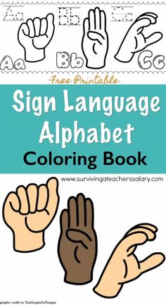 the sign language alphabet coloring book with hands and fingers in different colors, including black and white