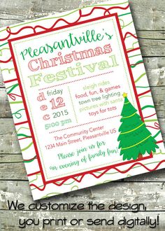 a christmas party flyer with a green and red tree in the center, on a wooden background