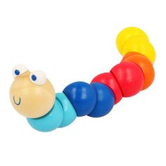 a wooden toy caterpillar with eyes on it's back and two different colors