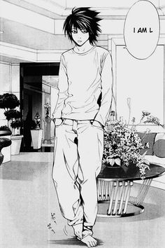 a black and white drawing of a person standing in front of a potted plant