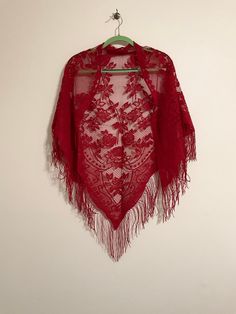 3 Sided Triangle rose shawl or scarf. Beautiful Design. 57" across, 47" on fringed sides. No tags so not sure of the material or origin. Vintage from the 1990s, new and unused condition. Red Fringed Shawl For Fall, Red Fringe Shawl For Fall, Red Shawl Scarf One Size, Red One Size Shawl Scarf, Vintage Red Shawl Scarf, Red Shawl, Triangle Scarf, The 1990s, Red Rose