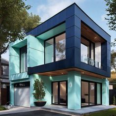 a blue and green house with lots of windows on the top floor, next to a tree