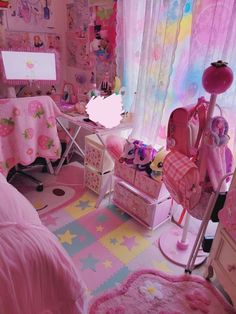 a pink bedroom with lots of toys in it