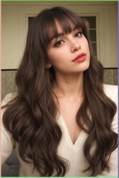 Here are just a few tips for hair care based on hair type 😉 Cute Long Hair With Bangs, Ballerina Bun With Bangs, Women Hair Styles Long, Chestnut Brown Hair Pale Skin, Alisha Marie Bangs, Bridal Hair Down With Bangs, Haircuts For Wide Forehead, Light Brown Hair Women, Soft Wave Hair