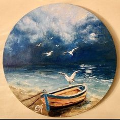 a painting of a boat and seagulls on the beach