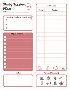 a pink and white printable planner with the words study session plan written on it