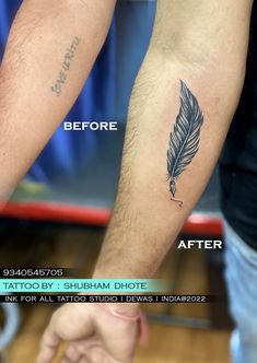 the before and after photos of a tattoo on someone's arm, showing how to get inked