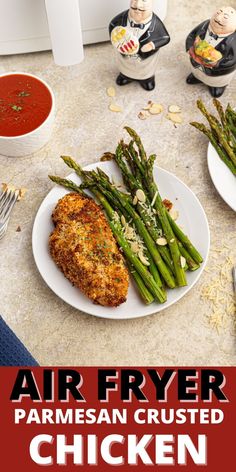 the cover of air fryer parmesan crusted chicken with asparagus