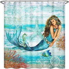 a shower curtain with a mermaid and starfish on the ocean floor next to corals