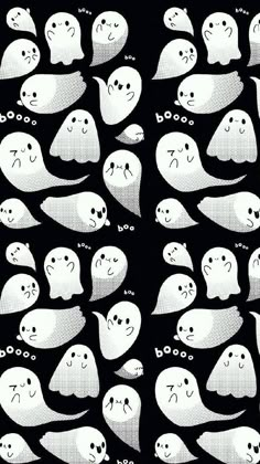 a bunch of white ghost faces on a black background