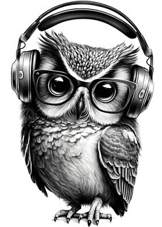 an owl wearing headphones and glasses with headphones on it's ears is shown