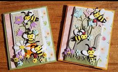 two cards with bees and flowers on them