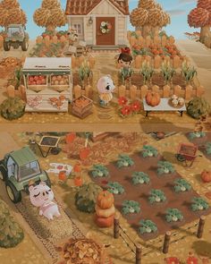 an illustration of a farm with pumpkins and other things on the ground in front of it