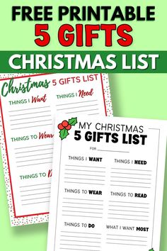 christmas list with the text free printable 5 gifts