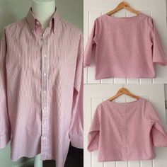 three pictures of pink and white shirts on a mannequin