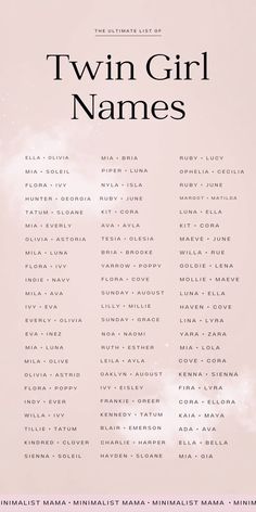 the poster for twin girl names is shown in black and white, against a pink background