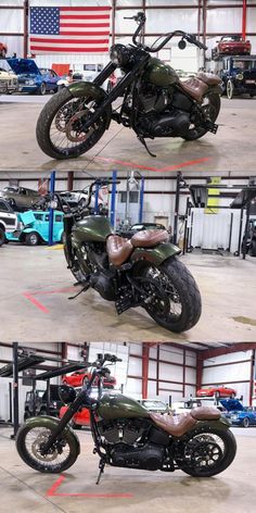 three different views of a motorcycle parked in a garage