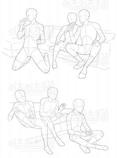 three different views of people sitting on a couch, one in the process of drawing