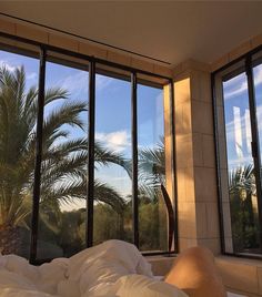 a bedroom with large windows overlooking palm trees