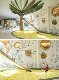 two photos of the inside of a building with yellow flowers on the floor and stairs