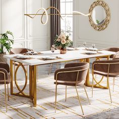 an elegant dining table with gold legs and chairs