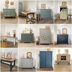 many different types of furniture are shown in this collage, including dressers and tables