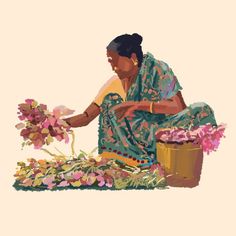 a painting of a woman sitting on the ground with flowers