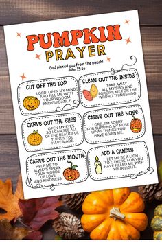 a pumpkin prayer is shown with fall leaves and acorns