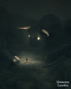 a man standing in the middle of a dark forest at night with two glowing eyes