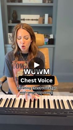 a woman sitting at a keyboard with the words wuvm chest voice on it