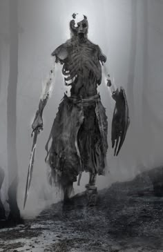 a man dressed as a demon walking through the woods with two knives in his hand