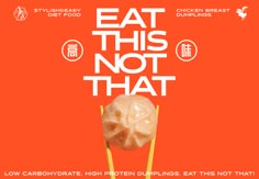 an orange poster with chopsticks and dumplings on it