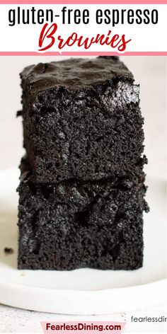 two chocolate brownies stacked on top of each other with the text gluten - free espresso brownies