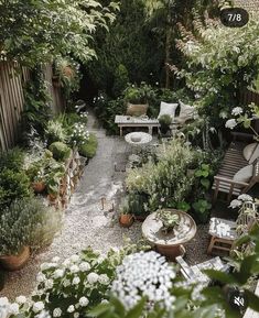 an outdoor garden with lots of plants and furniture