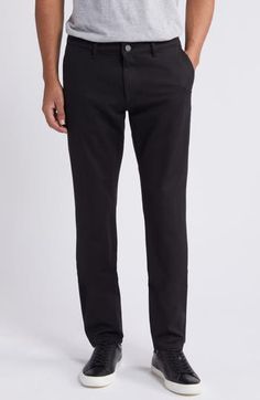 Slim and streamlined from thigh to hem, these smart-casual pants are cut from stretchy, breathable twill that looks great at work or on the weekend. 32" inseam; 14 1/2" leg opening; 10" front rise Zip fly with button closure Front slant pockets; back welt pockets 56% cotton, 40% viscose, 4% Lycra® spandex Machine wash, line dry Imported Black Slim Fit Straight Leg Chinos, Black Slim Fit Elastane Pants, Business Casual Slim Fit Elastane Bottoms, Black Straight Chinos For Business Casual, Modern Black Jeans For Workwear, Business Black Chinos With Welt Pockets, Tailored Black Straight Leg Chinos, Black Chinos With Welt Pockets For Business, Elastane Chinos For Workwear With Straight Leg