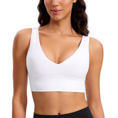 PRICES MAY VARY. Designed for yoga or lounge. Light support Butterluxe collection features extremely soft and ultra stretchy, engineered for luxurious comfort Built-in removable pads V-neckline. Low back design Wide straps and hem add more coverage and support Butterluxe collection is engineered for extremely soft comfort. V-neck and u-back longline sports bra with a sexy look. Wide straps and wide hem. Open back design shows your attractive back. 
 
 Feature & Fitting:

 Butterluxe collection White Compressive Bra For Yoga, White Sports Bra With Built-in Padding For Yoga, White Compressive Yoga Bra, V-neck Sports Bra For Yoga, Medium Support V-neck Sports Bra For Yoga, Yoga Bra, Wide Straps, Long A Line, Sports Bra