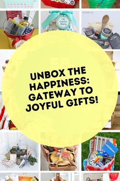 the words unbox the happiness gateway to joyful gifts are overlaided with images of various items