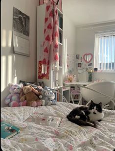 a black and white cat laying on top of a bed