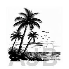 a black and white drawing of palm trees on the beach