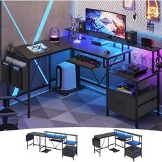 the computer desk has two monitors on it, and is lit up with blue lights